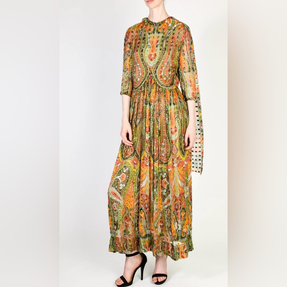 PAULINE TRIGERE Vintage Sheer Pattern Silk Chiffon Jaquard Dress Collector RARE